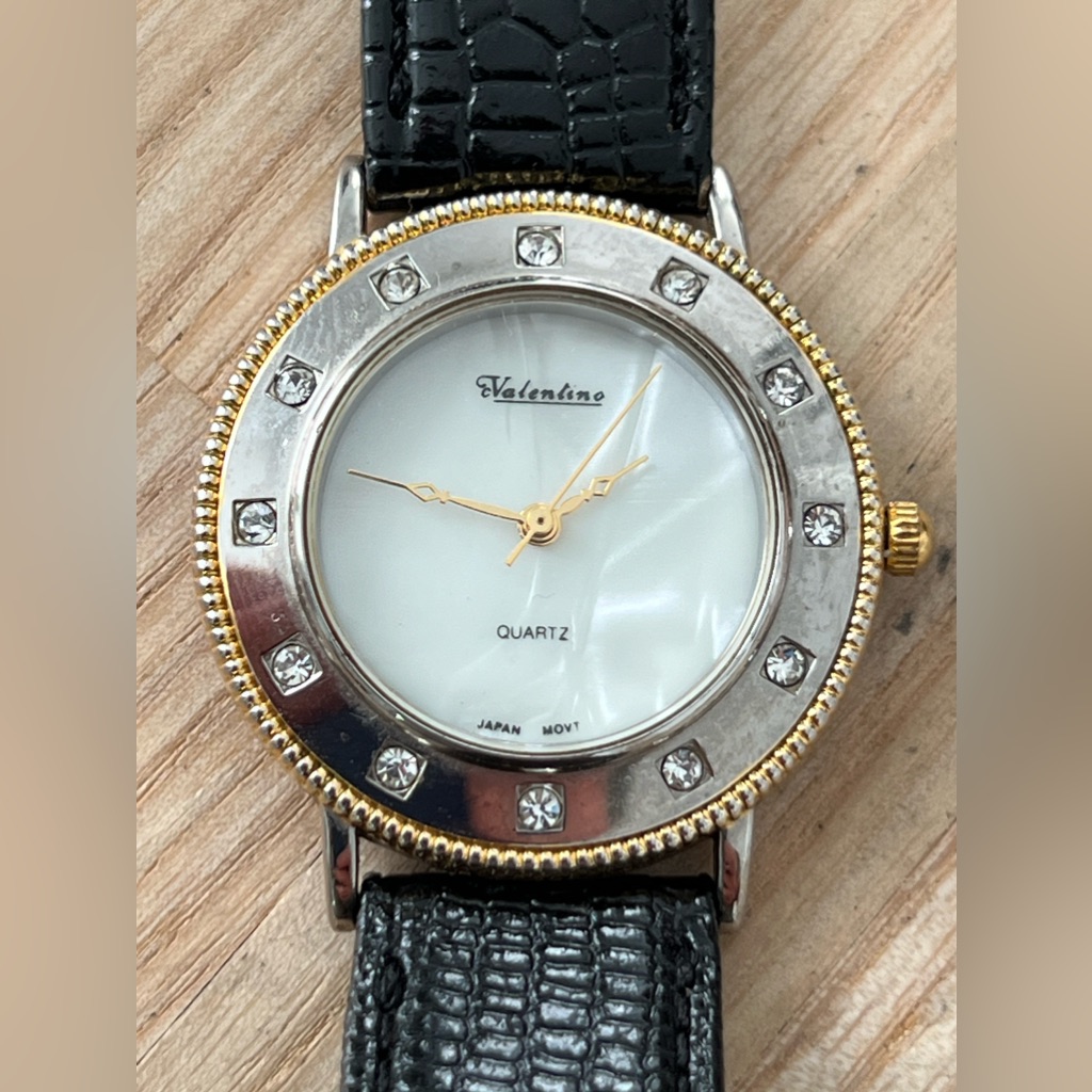 Valentino Gti Crystal Embellished Watch Pearl Dial GoldTone Hands Leather Strap